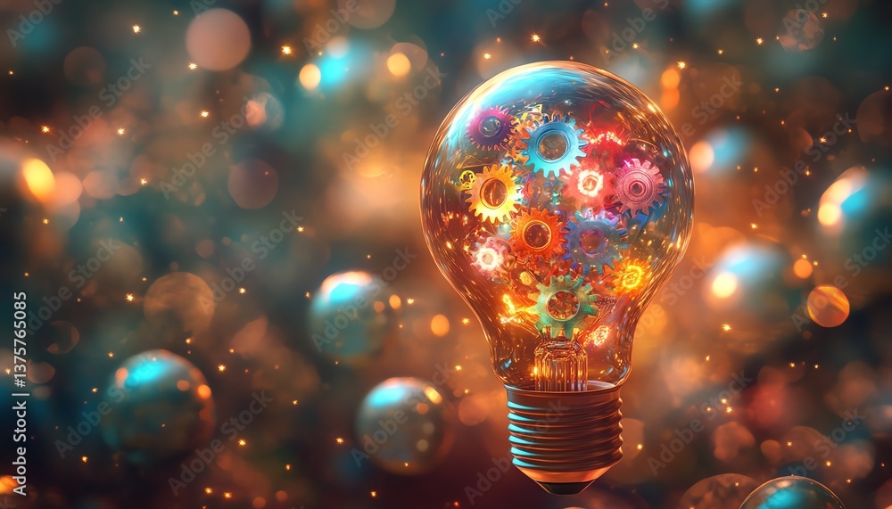 Poster vibrant light bulb with multicolored gears inside, symbolizing innovation and creativity, glowing ag