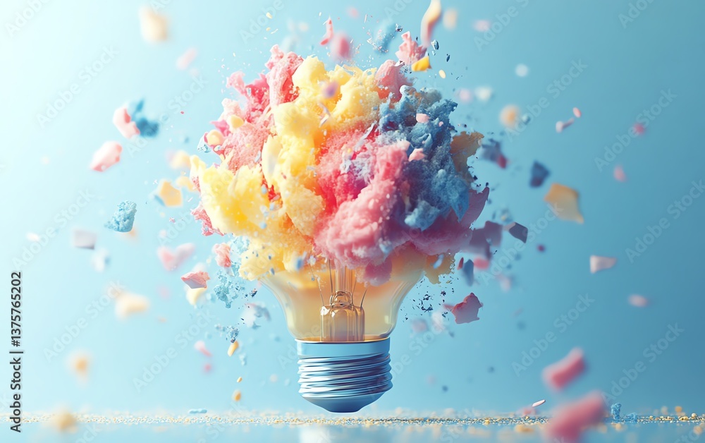 Poster 3d illustration of an exploding light bulb on a blue background, symbolizing creative thinking and i