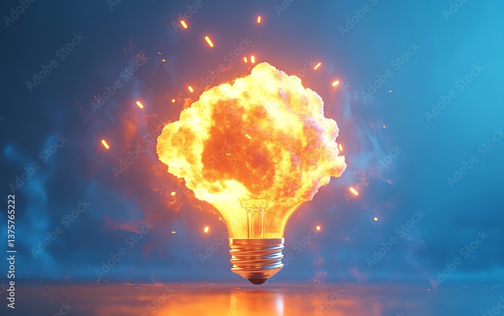 Poster 3d illustration of an exploding light bulb on a blue background, symbolizing creative thinking and i