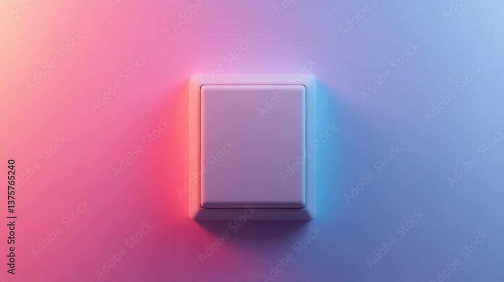 Poster a modern light switch on a textured wall, illuminated by soft gradient hues of pink and blue, creati