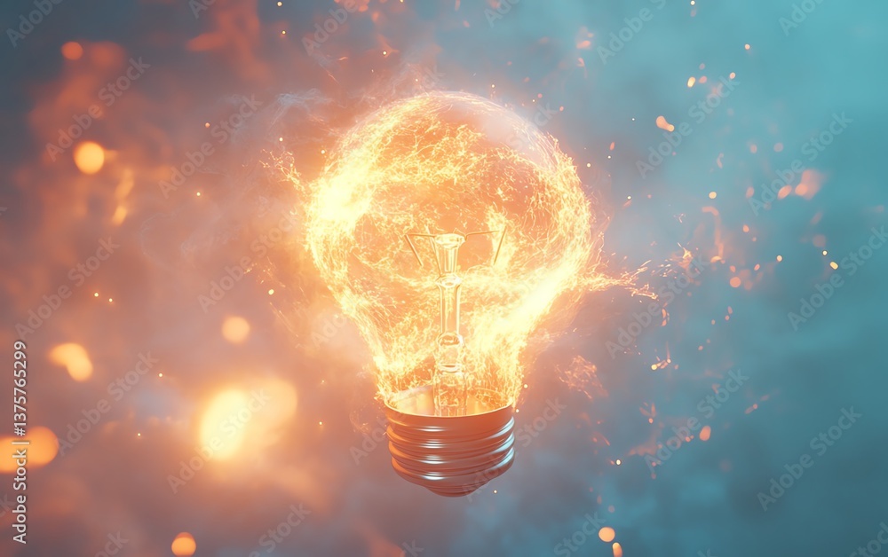 Poster 3d illustration of an exploding light bulb on a blue background, symbolizing creative thinking and i
