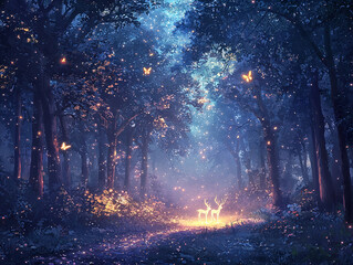 Beautiful magical forest with deer, butterflies and fireflies, watercolor illustration