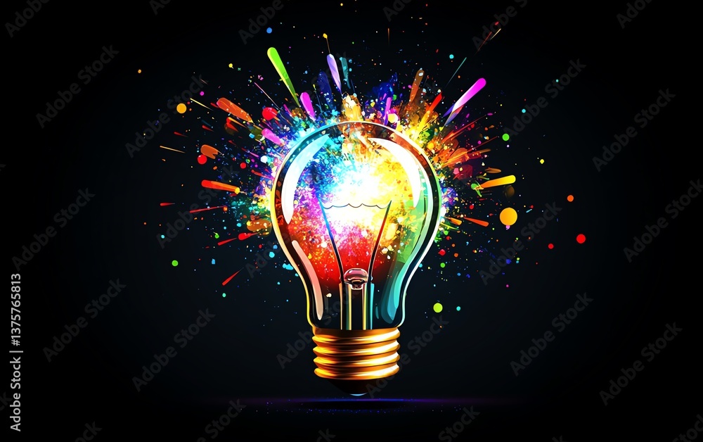 Poster A light bulb exploding with bright, colorful sparks and glowing shards, symbolizing a burst of creative energy and innovative ideas on a dark background