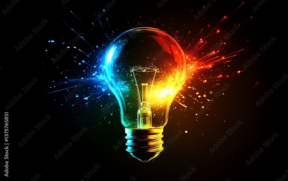 Poster A light bulb exploding with bright, colorful sparks and glowing shards, symbolizing a burst of creative energy and innovative ideas on a dark background