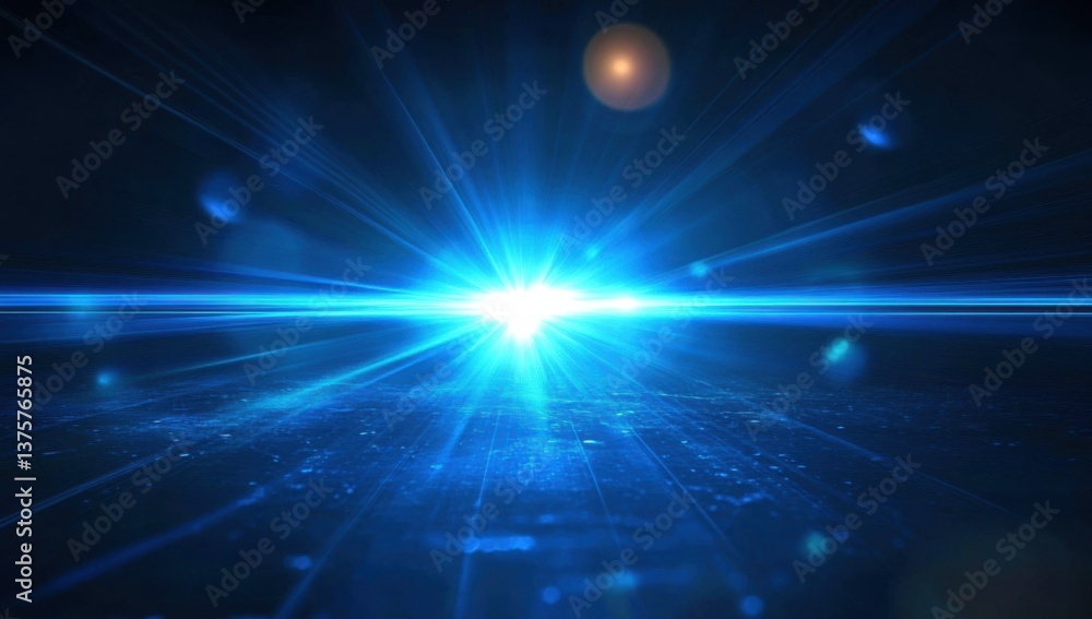 Poster Abstract blue glowing light background with lens flare effect. Blue glowing rays of sunlight or starlight shining on black space with energy beam and bokeh. Digital technology and science concept.