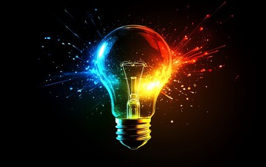 A light bulb exploding with bright, colorful sparks and glowing shards, symbolizing a burst of creative energy and innovative ideas on a dark background