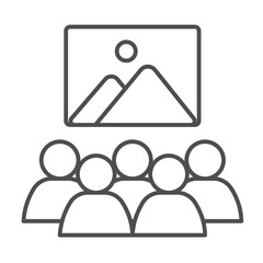 Painting and crowd of people thin line icon, city museum concept. Vector graphics. Picture canvas with visitors, audience sign on white background, outline style icon for mobile or web design.