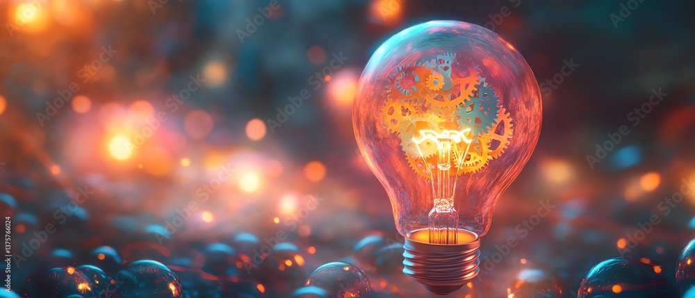 Aufkleber a vibrant light bulb with colorful gears inside, symbolizing innovation and creativity, set against 