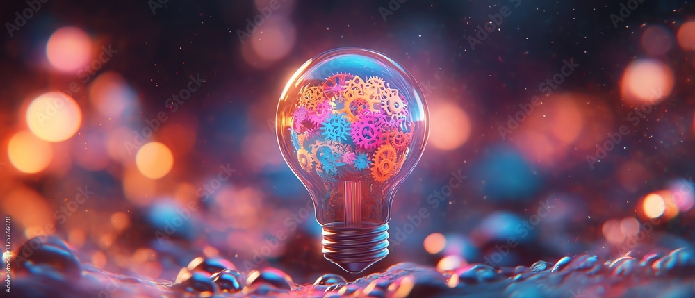 Aufkleber a vibrant light bulb with colorful gears inside, symbolizing innovation and creativity, set against 