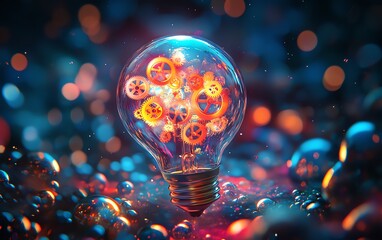 Colorful gears inside a glowing light bulb, symbolizing creative ideas and innovation, against a dreamy background filled with glowing orbs