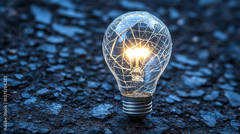 Poster cracked light bulb with soft glow on a dark surface, representing innovation, broken ideas, and the 