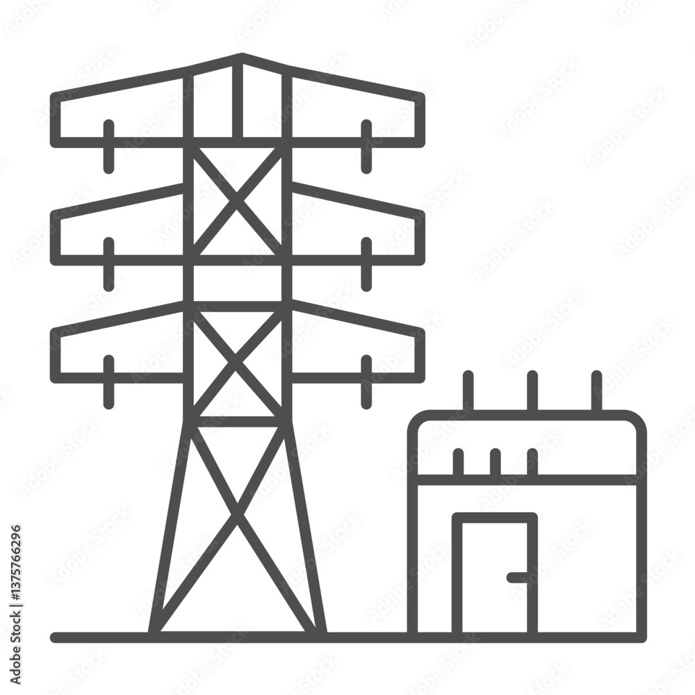 Poster transformer box and high voltage pole thin line icon, electrical service concept. vector graphics. e