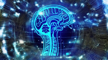 Abstract Human Brain Anatomy in Digital Space, Glowing Blue Neural Network Illustration
