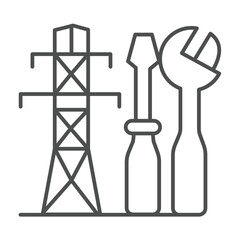 Wrench with screwdriver and high voltage pole thin line icon, electrical service concept. Vector graphics. Electrical repair sign on white background, outline style icon for mobile or web design.
