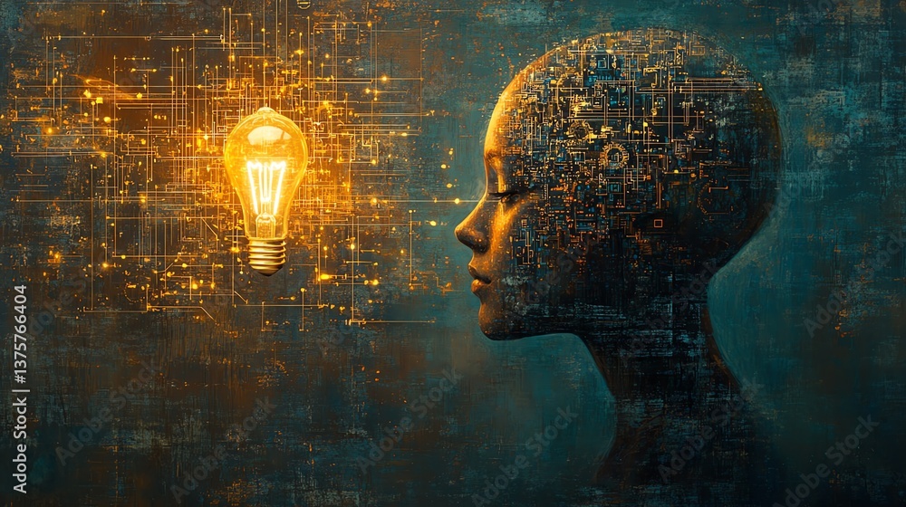 Leinwandbilder digital head with embedded gears and circuits, a glowing light bulb above, representing the fusion o