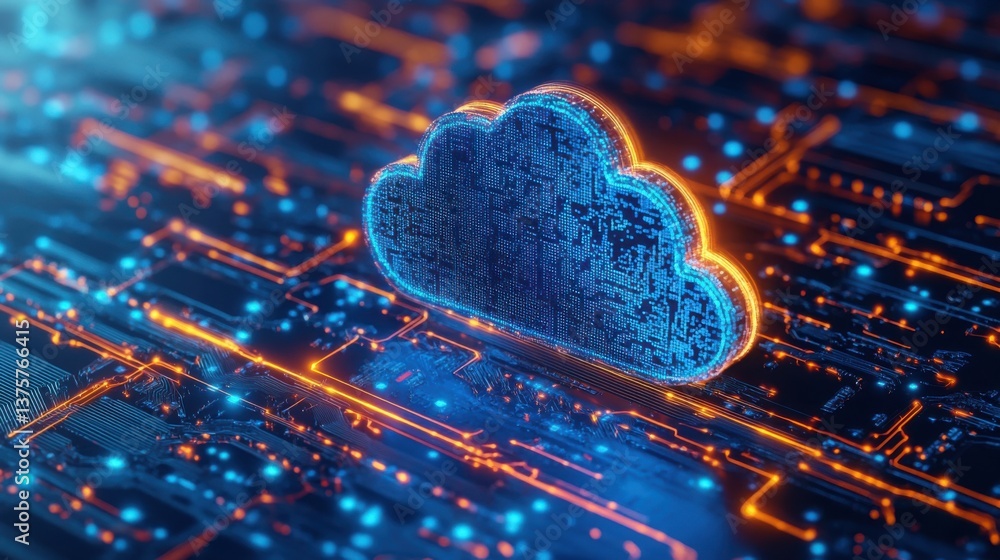 Poster a digital representation of a cloud symbol surrounded by glowing circuitry, illustrating themes of t