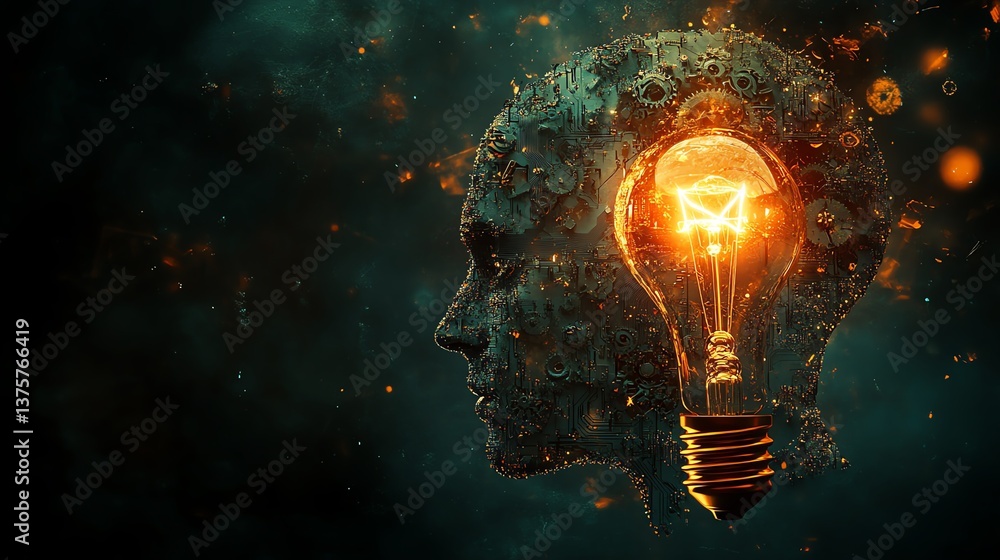 Leinwandbilder Digital head with embedded gears and circuits, a glowing light bulb above, representing the fusion of logic and creativity, innovation in the digital age