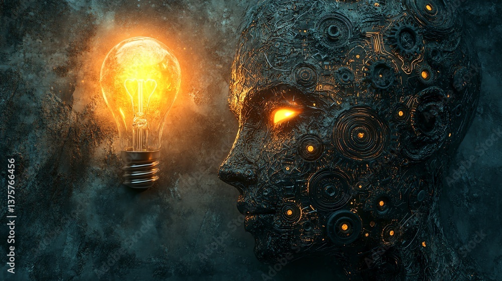Leinwandbilder digital head with embedded gears and circuits, a glowing light bulb above, representing the fusion o