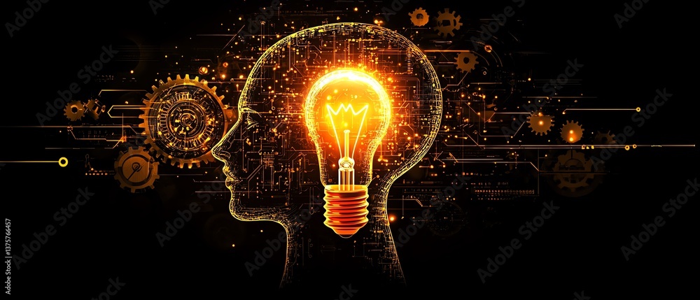 Poster digital head with gears and circuits, light bulb above symbolizing new ideas, merging logic and crea