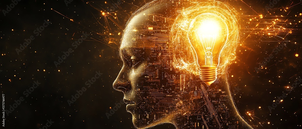 Poster digital head with gears and circuits, light bulb above symbolizing new ideas, merging logic and crea