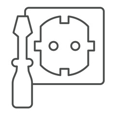 Screwdriver with socket thin line icon, electrician service concept. Vector graphics. Socket for electrical plug, repair sign on white background, outline style icon for mobile or web design.