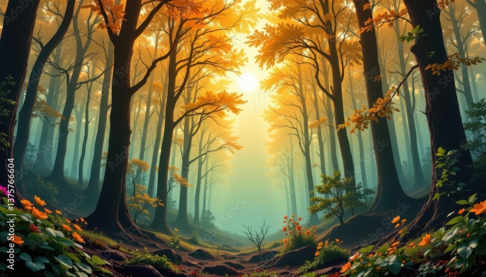Poster kaleidoscopic forest create a forest scene where the trees and atmosphere shift colors and shapes, o