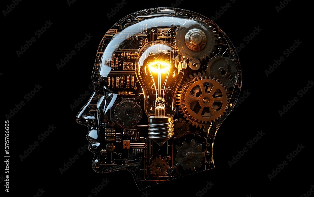 Aufkleber Digital head with visible gears and circuits, light bulb hovering above, symbolizing the balance of logic and creativity, representing new ideas and innovation