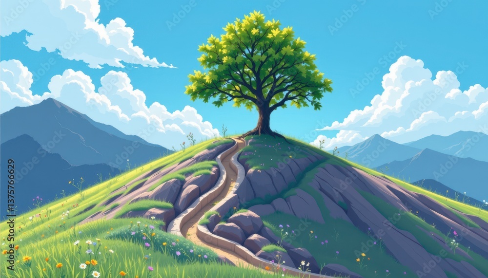 Poster cascading light and shadow illustrate a tree atop a hill where the interplay of light and shadow cre
