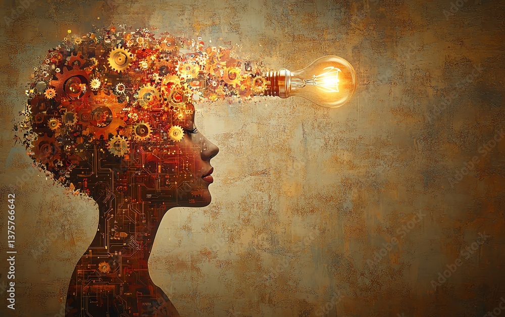 Aufkleber digital head with visible gears and circuits, light bulb hovering above, symbolizing the balance of 