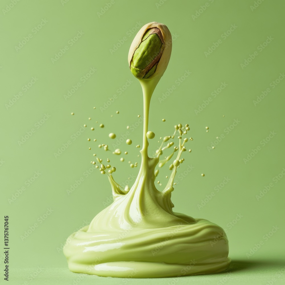 Poster a splash of vibrant green cream topped with a pistachio nut, creating a visually appealing and dynam