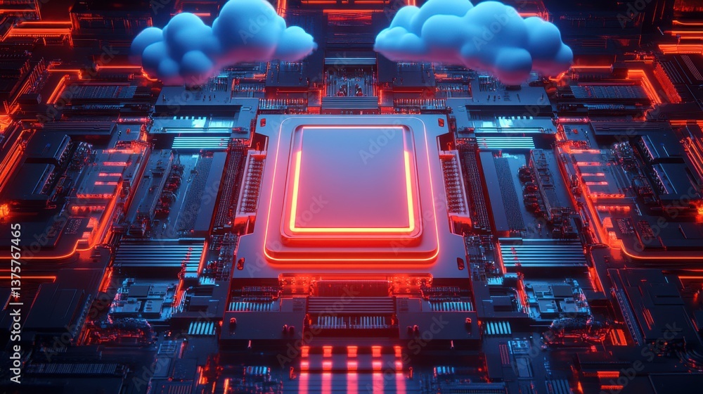 Poster a vibrant, futuristic digital circuit board featuring a central processor, illuminated by glowing li