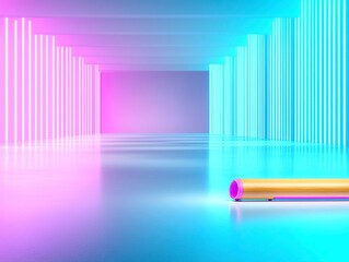 Obraz premium Two high end speakers in neon lit room vibrant blue and pink lighting futuristic audio setup cinematic atmosphere modern sound system moody and dynamic. Glowing speakers vibrant space.