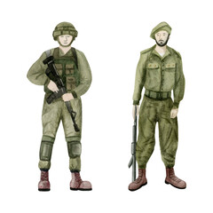 Modern Israeli male soldiers of IDF with assault rifles in green uniform watercolor illustration set isolated on white for patriotic holidays, memorial days, Holocaust Remembrance and Independence Day