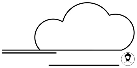 Simplistic cloud outline anchored by minimal horizontal lines and small human profile in a circle. Ideal for weather, inspiration, connectivity, data, simplicity, minimalism, creativity. Flat simple