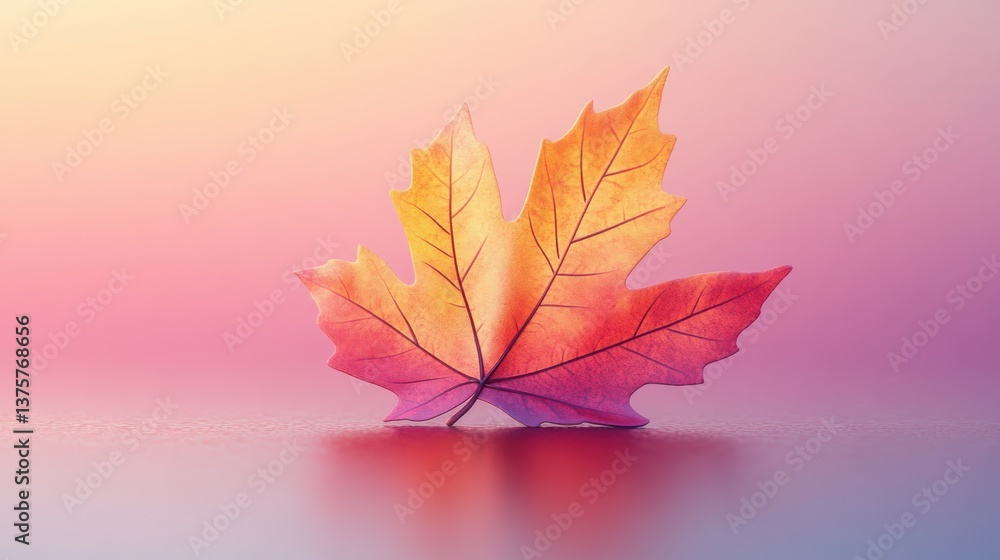 Poster a vibrant autumn leaf with hues of orange and pink rests on a smooth surface, creating a serene and 