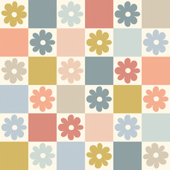 Cute checkered floral seamless pattern in retro style. Vintage geometric Background with colorful daisy flower. Perfect for packaging, textile, wallpaper, web, posters, invitations, aesthetic Design