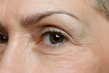 Close up of mature woman eye, showcasing fine lines and natural beauty. image highlights texture of skin and depth of eye, evoking sense of wisdom and experience