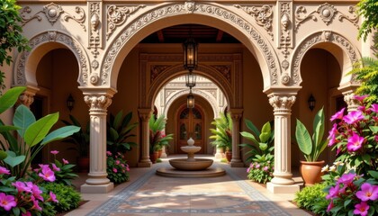 Architectural Oasis Create a scene featuring ornate arches leading to an exotic oasis, embellished with intricate patterns and vibrant foliage.