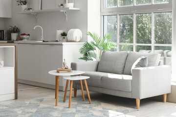 Modern interior of studio apartment with kitchen counter, stylish sofa and table near window