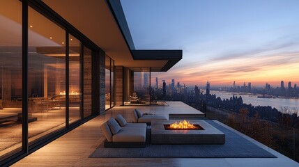 Luxurious modern outdoor living space with a stunning city skyline view at sunset showcasing an elegant fire pit