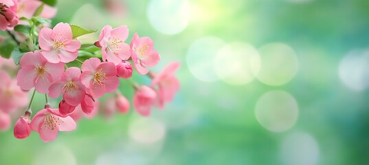 Fototapeta premium Spring Blossom Branch Pink Crabapple Flowers, Bokeh Background, Soft Focus, Floral