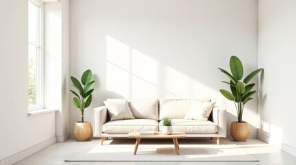 Serene Minimalist Living Room Design with Sunlight Streaming Through a Window, Featuring a Beige Sofa and Lush Potted Plants