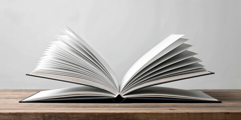 Book cover mockup with open pages levitating on a wooden table