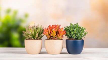 Fototapeta premium Three vibrant potted succulents in different pots showcase their unique colors and textures against a soft, blurred background of plants