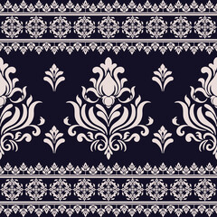 Elegant White and Black Damask Pattern with Ornamental Floral Border for Luxury Interior Decor. Vector Illustration.