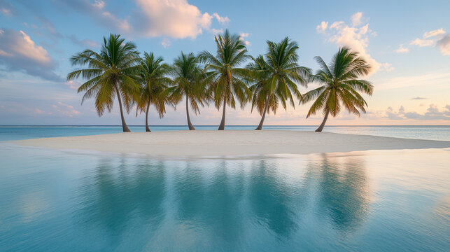 Tropical beach with palm trees, white sand and calm sea at sunset