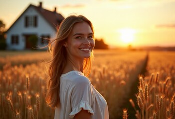 Young beautiful slender woman with long hair standing in front of her country house, sunset, wheat field, beautiful landscape