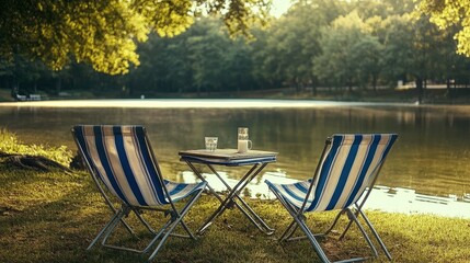 Obraz premium A picturesque lakeside scene in the morning light features two chairs and a table, inviting mindfulness and relaxation surrounded by natural beauty.