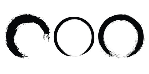 Set of black grunge paintbrush strokes. Enso Zen symbol. Circular label, logo, text frame, banner, emblem, badge. Grunge design element. Isolated. Distress texture. Ink brush strokes