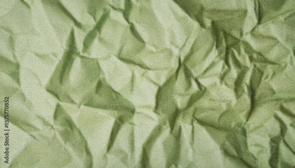 Poster crumpled green fabric displaying grainy texture, creating abstract pattern of intricate folds and wr